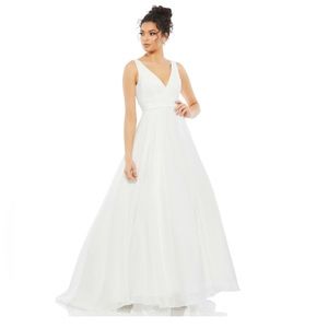 NWT Ieena for Mac Duggal LAYERED TULLE CHIFFON Wedding GOWN Formal Dress White